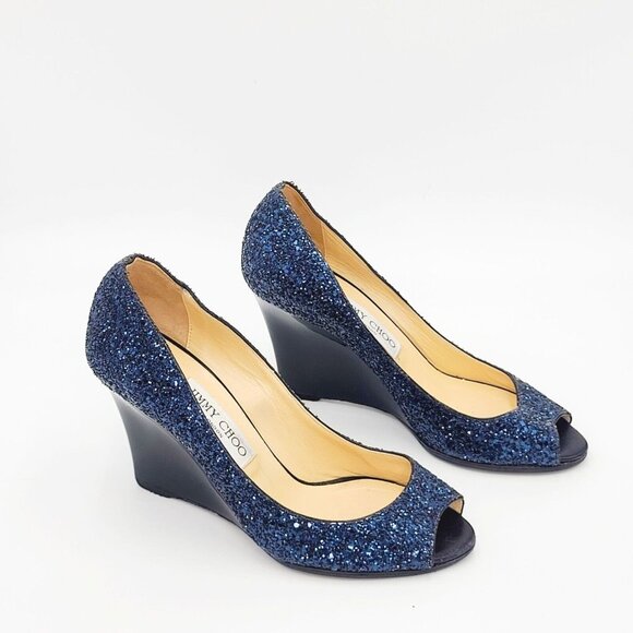 JIMMY CHOO Wedge Heels Blue Glitter BELLO Peep Toe Pumps Size 37.5 - Picture 5 of 9
